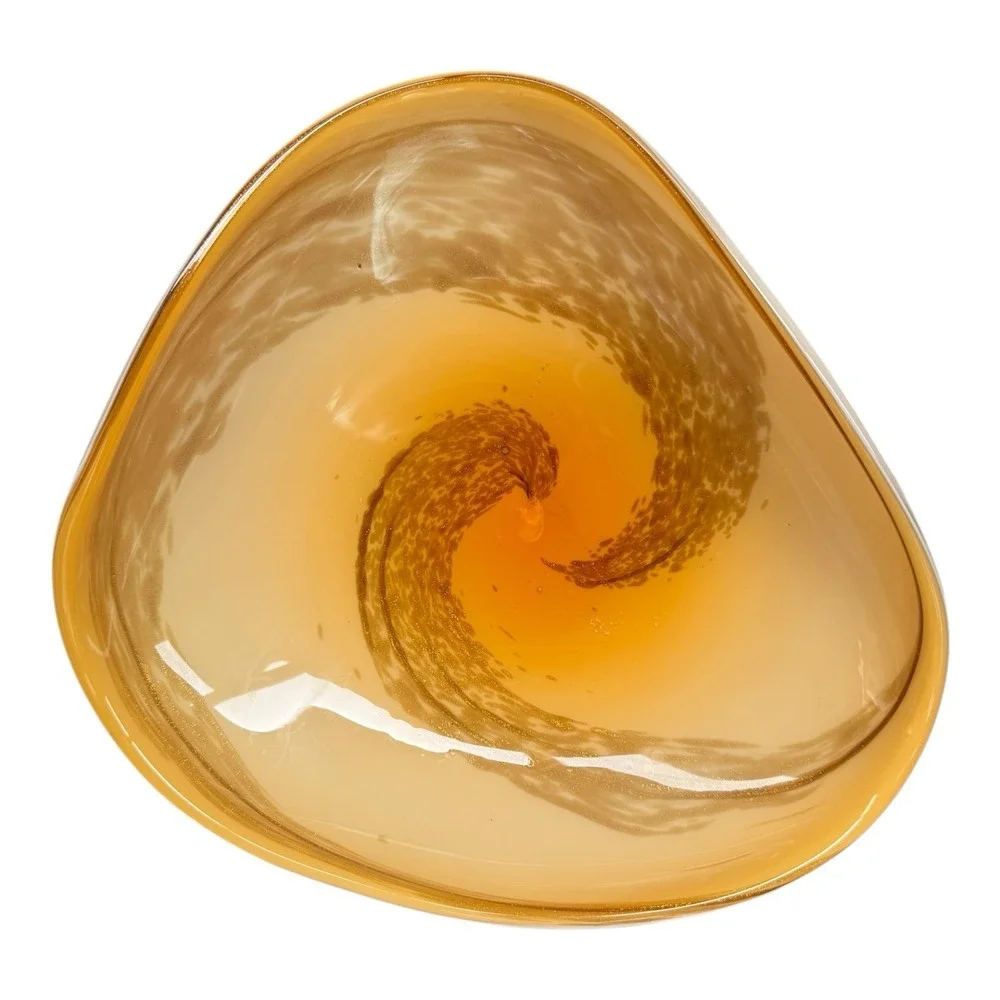 MCM Murano Glass Bowl Yellow Over White Cased with Swirls Gold Glitter‎ Italian